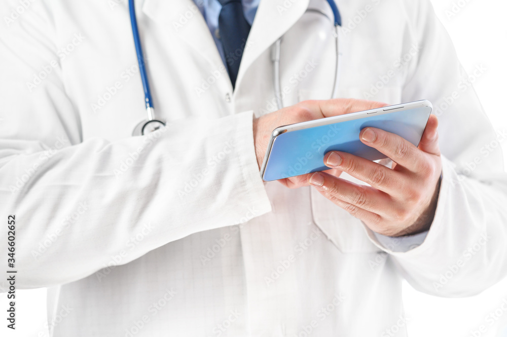 Doctor using mobile phone close up view . Doctor using mobile phone close up view .