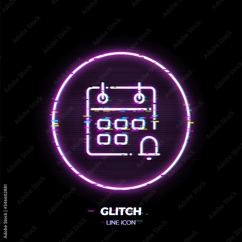Calendar line art vector icon. Outline symbol of event reminder. Schedule pictogram made of thin stroke. Glitched 80s cyber punk style. Calendar line art vector icon. Outline symbol of event reminder. Schedule pictogram made of thin stroke. Glitched 80s cyber punk style.