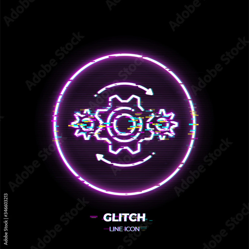 Gears line art vector icon. Outline symbol of machine engine. Industry pictogram made of thin stroke. Glitched 80s cyber punk style.