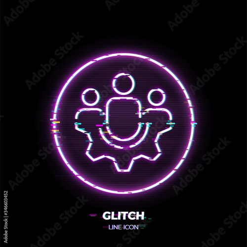 Group of people on gear line art vector icon. Outline symbol of teamwork. Cooperation pictogram made of thin stroke. Glitched 80s cyber punk style.