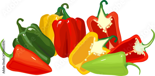 Group of bright red, green and yellow sweet peppers isolated on white background