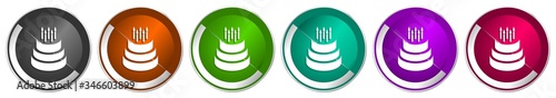 Cake icon set, silver metallic chrome border vector web buttons in 6 colors options for webdesign
