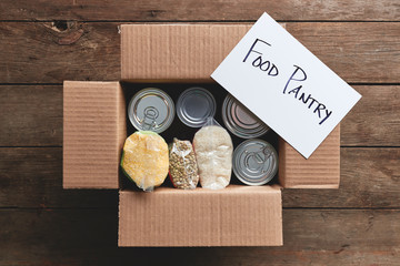 a box full of food items for a food pantry delivery.
