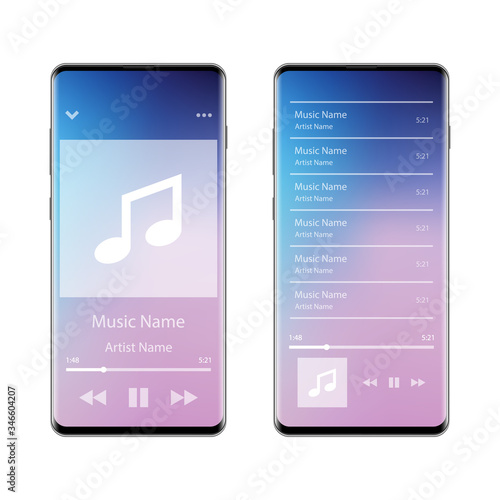 Music player interface application on smartphone, vector illustration