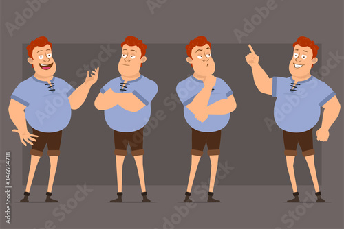 Cartoon flat funny cute redhead fat boy character in blue shirt. Ready for animations. Man standing, thinking and showing attention sign. Isolated on gray background. Big vector icon set.