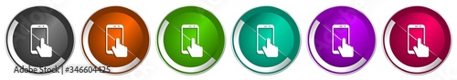 Smartphone icon set, mobile phone silver metallic chrome border vector web buttons in 6 colors options for webdesign