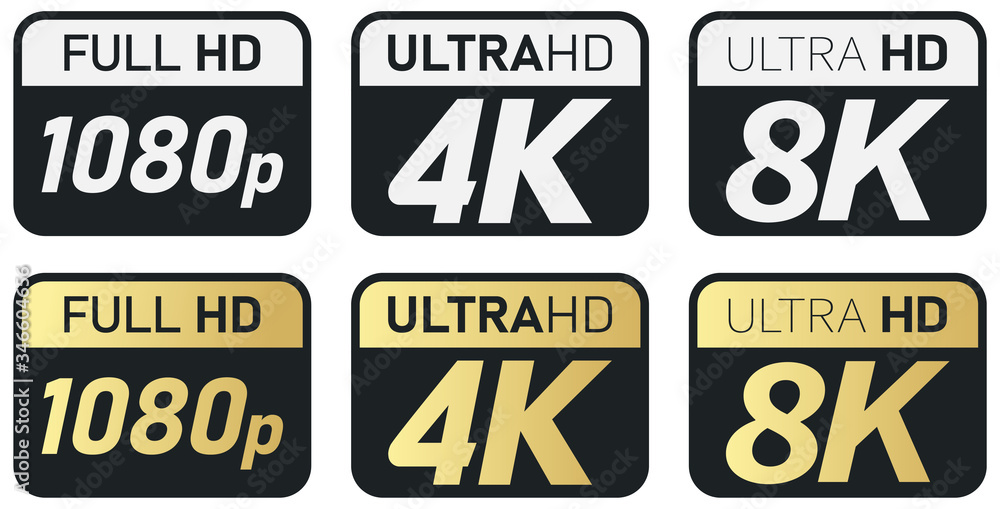 Black, white and golden video or screen resolution icons. Set from 1080p to 8k Black, white and golden video or screen resolution icons. Set from 1080p to 8k