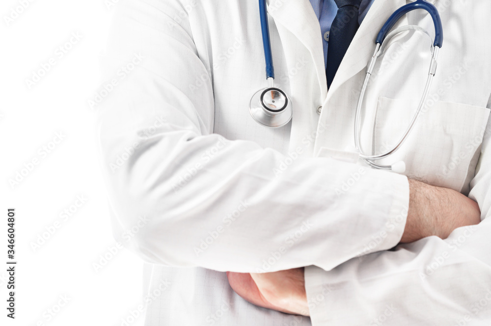 Confident doctor posing with arms crossed on white isolated background, medical advice and health insurance concept . Confident doctor posing with arms crossed on white isolated background, medical advice and health insurance concept .