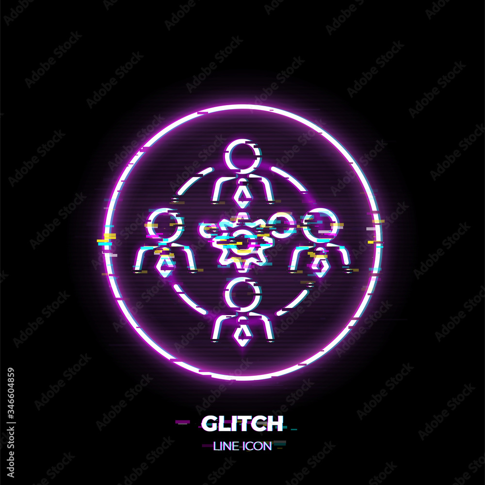 Business teamwork line art vector icon. Outline symbol of people group around gears. Cooperation pictogram made of thin stroke. Glitched 80s cyber punk style. Business teamwork line art vector icon. Outline symbol of people group around gears. Cooperation pictogram made of thin stroke. Glitched 80s cyber punk style.