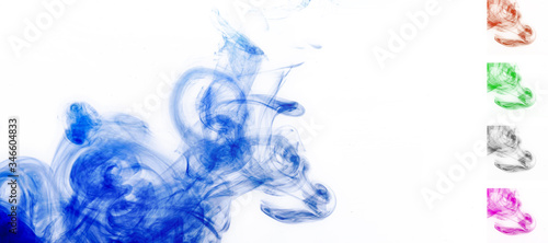 Blue ink injected into water from syringe, colour mixing with water creating abstract shapes, color can be changed with hue saturation tool easily