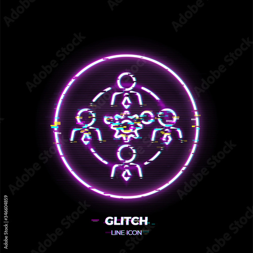 Business teamwork line art vector icon. Outline symbol of people group around gears. Cooperation pictogram made of thin stroke. Glitched 80s cyber punk style.