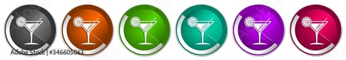 Tropical drink, alcohol, bar, martini in glass silver metallic chrome border vector web buttons in 6 colors options for webdesign
