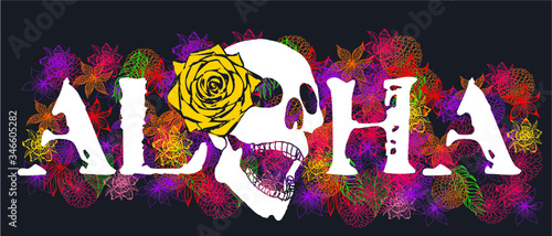 Aloha Skull and flowers print embroidery graphic design vector art photo