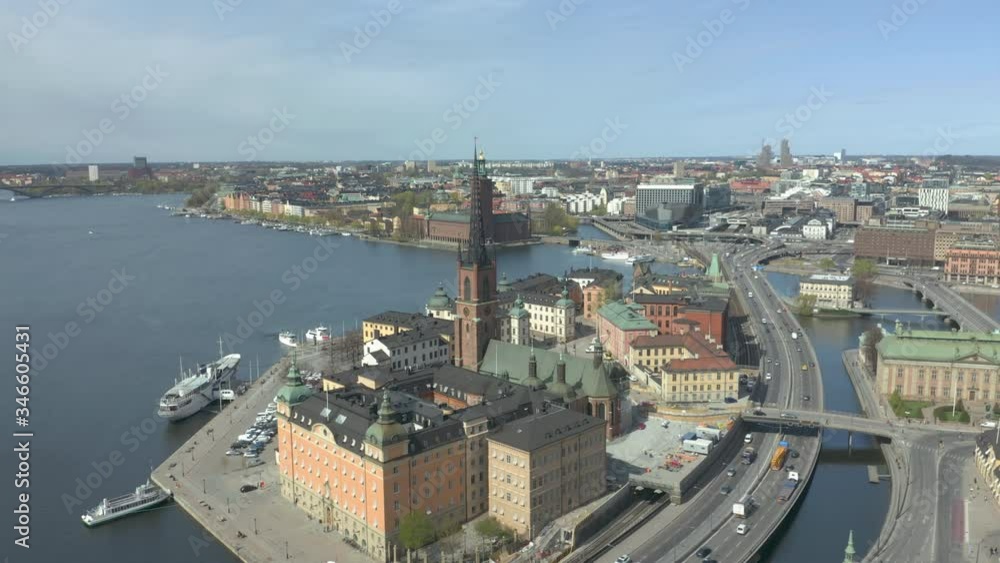 Riddarholmen & City Hall in Stockholm City, circle pan aerial view Riddarholmen & City Hall in Stockholm City, circle pan aerial view