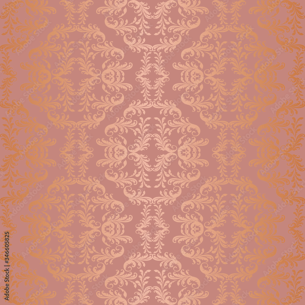 Damask openwork seamless floral pattern. Coral pastel gold background color, lace fabric in vector Damask openwork seamless floral pattern. Coral pastel gold background color, lace fabric in vector