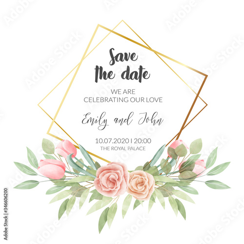 Watercolor floral frame. Wedding invitation card.