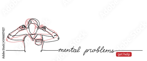 Mental disorder, problems vector web banner. Simple background, get help button. Split personality sketch, illustration. Mental problems lettering.