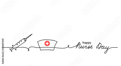 Happy Nurse Day simple vector background with syringe, nurse cap or hat. Minimalist web banner. Nurse day lettering. One continuous line drawing.