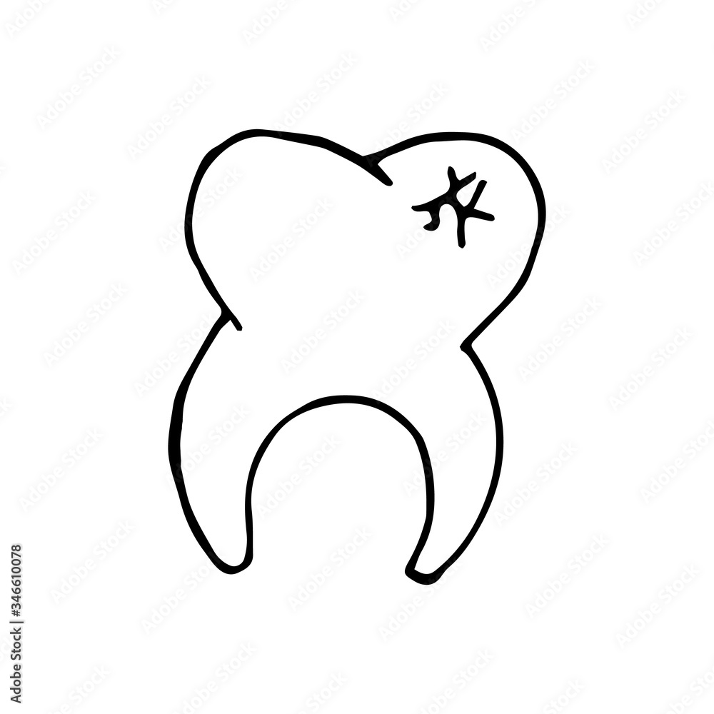 White tooth with cracked enamel on white isolated background, hand drawn sketch. Vector illustration in doodle style. White tooth with cracked enamel on white isolated background, hand drawn sketch. Vector illustration in doodle style.