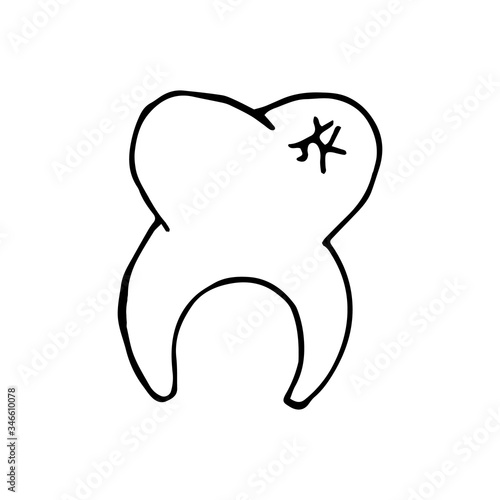 White tooth with cracked enamel on white isolated background, hand drawn sketch. Vector illustration in doodle style.