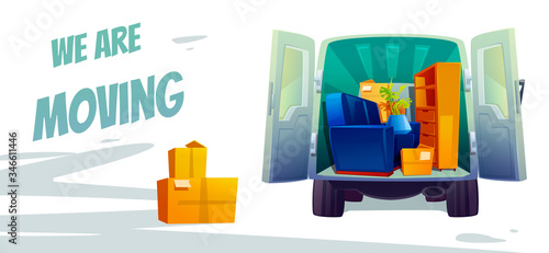 Furniture delivery, moving house service poster. Home stuff in car with open trunk and cardboard boxes inside. Small transport company or door-to-door removals business, Cartoon vector illustration
