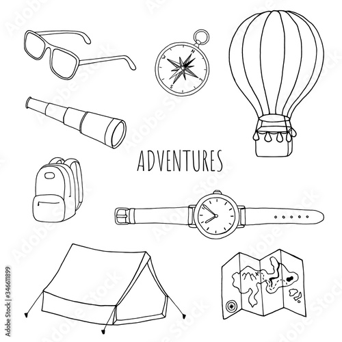 Hand drawn set of outline travel items on white background.