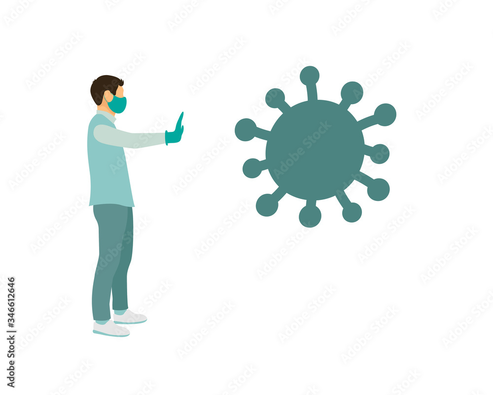 man in a medical mask and gloves extended his hand towards the show stop coronavirus. flat vector illustration man in a medical mask and gloves extended his hand towards the show stop coronavirus. flat vector illustration