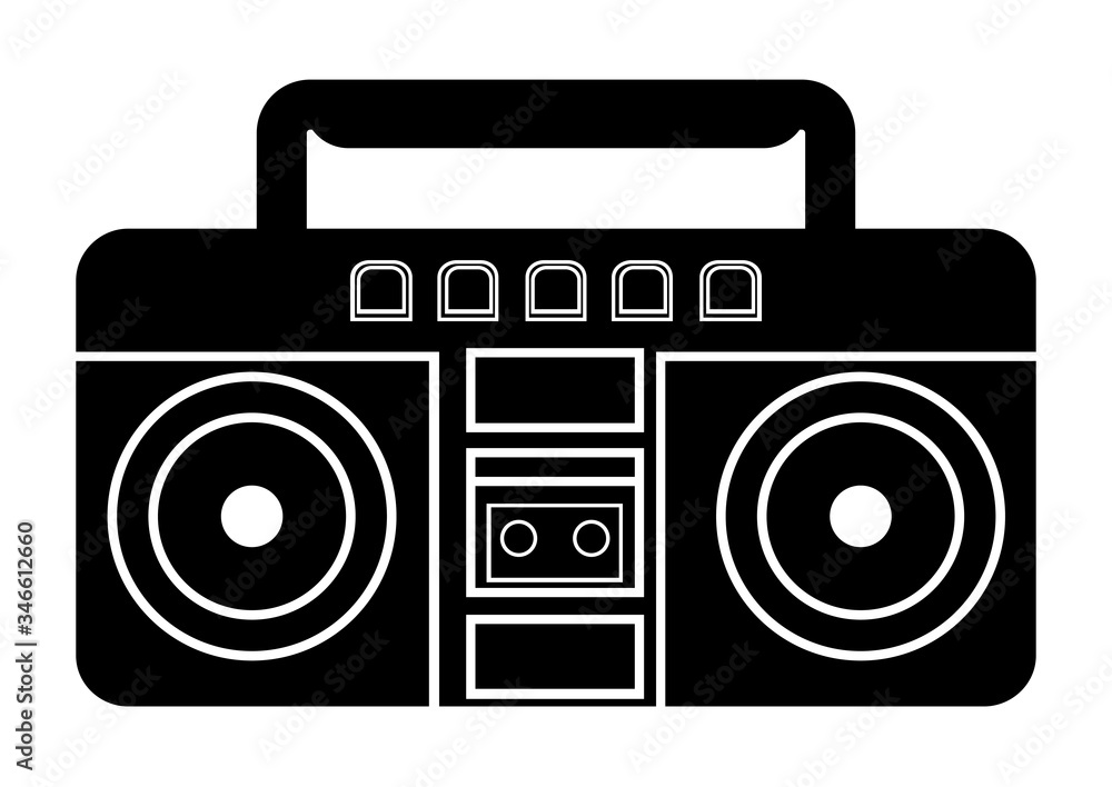 Boombox icon. Vector illustration of boombox in glyph style, solated on white background. Retro portable stereo radio cassette recorde Boombox icon. Vector illustration of boombox in glyph style, solated on white background. Retro portable stereo radio cassette recorde