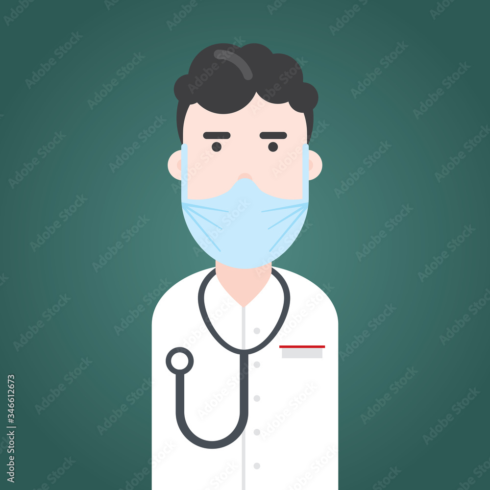 Health care professional worker. Male doctor in white uniform with breathing mask, stethoscope and name badge. Hospital staff. Trustable occupation. Man. Dark hair. Simple. Vector character. Health care professional worker. Male doctor in white uniform with breathing mask, stethoscope and name badge. Hospital staff. Trustable occupation. Man. Dark hair. Simple. Vector character.