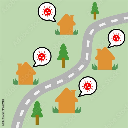 Vector illustration of house and trees along the road and speech bubbles with icon of coronavirus. Concept of people talking about the pandemic virus covid-19 around the world.