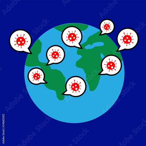 Vector illustration of globe with map of the world with speech bubbles with icon of coronavirus on dark blue background. Concept of people talking about the pandemic virus covid-19 around the world.