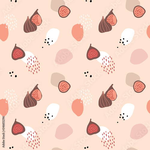 Pink seamless pattern with whole and sliced figs fruit and dots. Summer, autumn textile, fabric or scrapbooking design with fruit and abstract sgeometric hapes. Mediterranean illustration background.