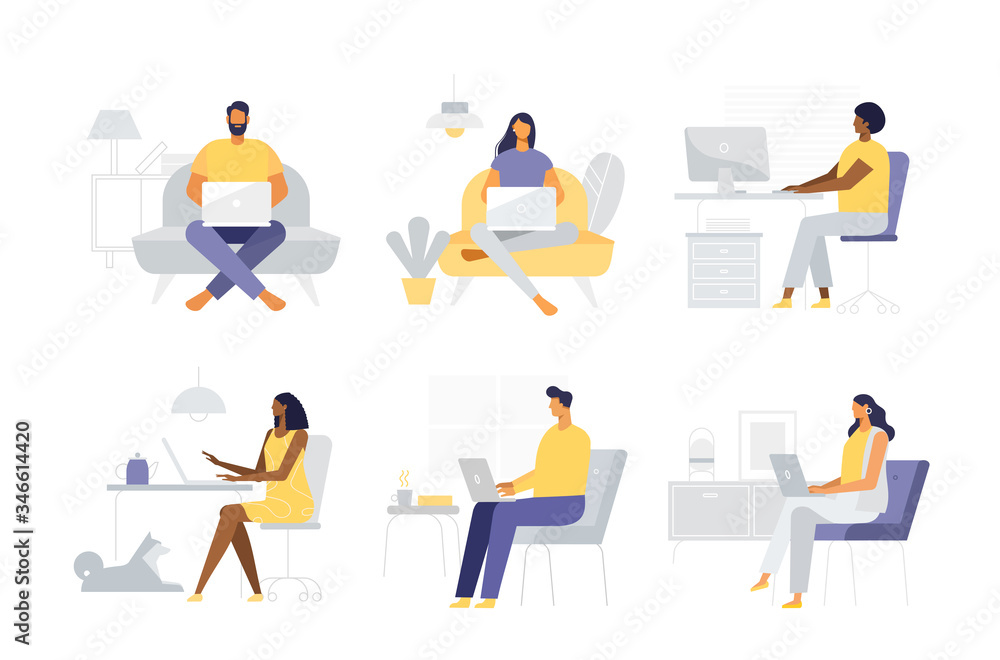 Set of male and female self-employed characters. Freelance people work in modern office. Man and woman business concept. Vector illustrations in flat design, white background isolated Set of male and female self-employed characters. Freelance people work in modern office. Man and woman business concept. Vector illustrations in flat design, white background isolated