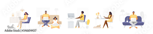 Set of male and female business characters. Freelance people work and study in comfortable conditions. Man and woman self-employed concept.  Vector illustrations in flat design, white isolated 