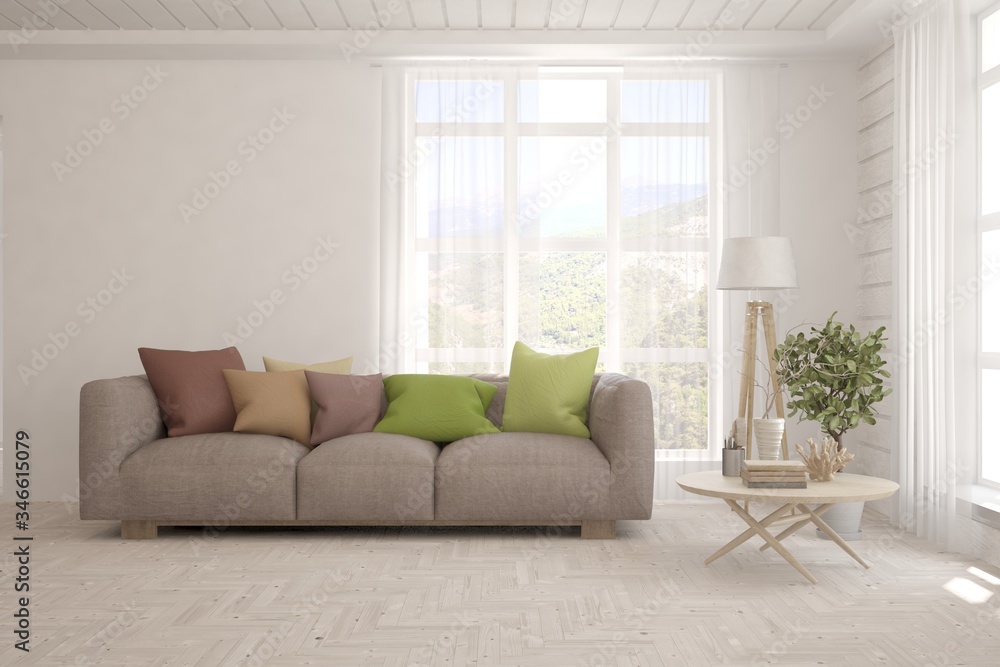 Fototapeta premium White living room with sofa. Scandinavian interior design. 3D illustration