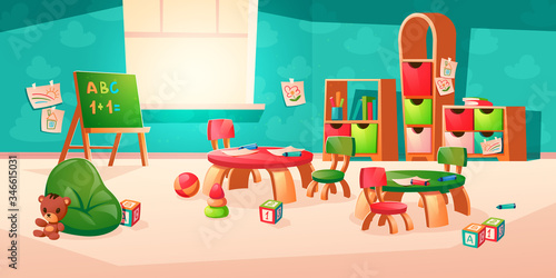 Room interior in montessori kindergarten with books on shelf, chalkboard, desk with chairs. Vector cartoon illustration of classroom with furniture, kids paintings, pencils and toys