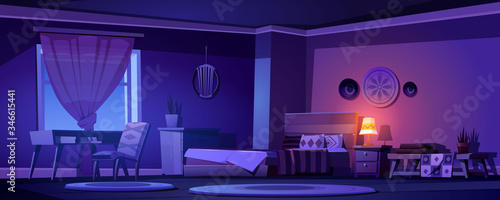 Boho, bohemian bedroom interior at night. Empty dark room with wooden furniture, bed, plants, round rags, glow lamp. Hipster style wall decoration, table vintage design, Cartoon vector illustration