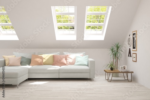 White living room with sofa. Scandinavian interior design. 3D illustration