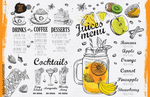 Juices menu, template design. Food flyer. 