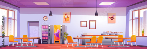 Canteen interior in school, college or office. Vector cartoon illustration of cafeteria, dining room in university, cafe with tables and chairs, counter bar, vending machines, menu on wall and windows