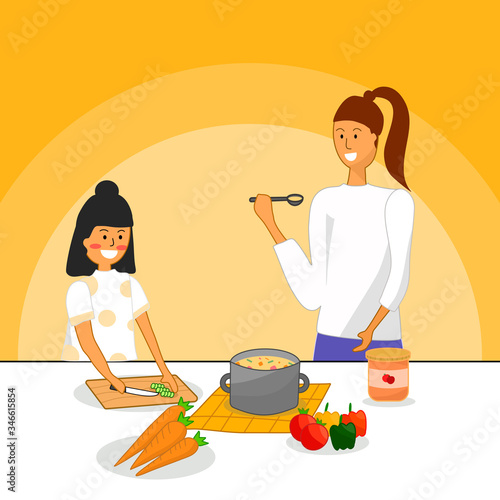 Little girl help her mother cook in the kitchen.Kids participating in cooking while quarantine.