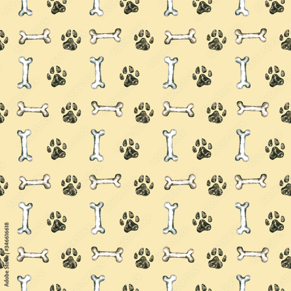 Seamless pattern with watercolor footprints and bone. Hand drawn illustration is isolated on beige. Painted template is perfect for pet shop design, veterinary clinic, fabric textile, wallpaper