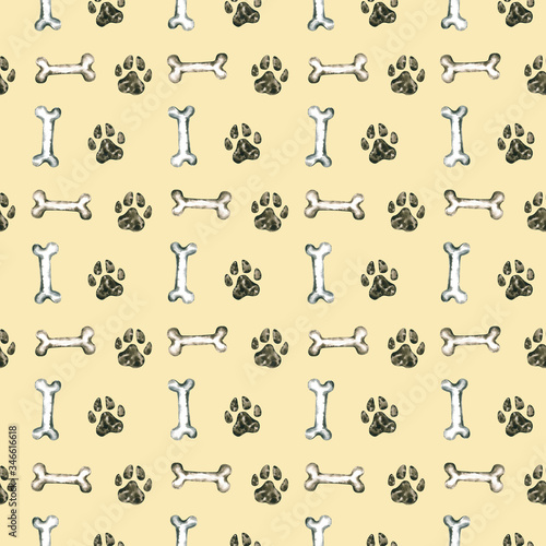 Seamless pattern with watercolor footprints and bone. Hand drawn illustration is isolated on beige. Painted template is perfect for pet shop design, veterinary clinic, fabric textile, wallpaper