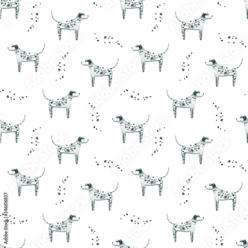 Fototapeta Naklejka Na Ścianę i Meble -  Seamless pattern with watercolor dog. Hand drawn illustration is isolated on white. Painted Dalmatian is perfect for pet shop design, veterinary clinic, fabric textile, interior wallpaper