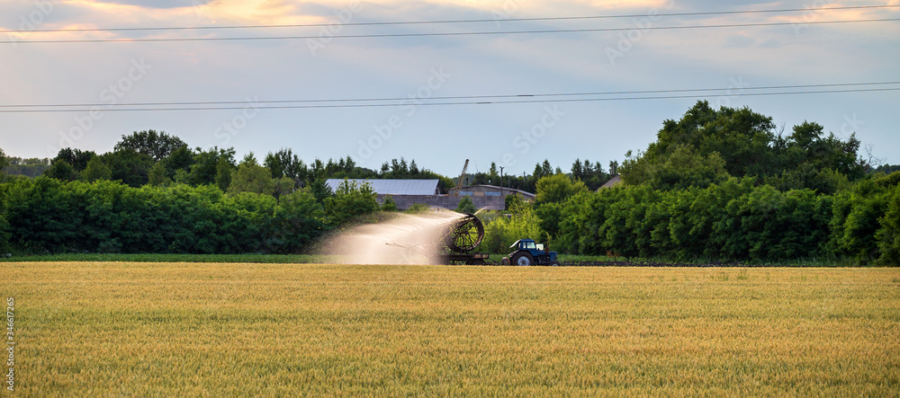 Obraz premium Tractor watering and sprays field and tillage. Scenic agricultural land and farm. Agriculture. Cultivations the soil sowing, panoramic banner. Harvester in meadow irrigation. 
