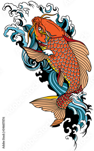 koi carp swimming upstream. Japanese gold fish with water waves. Tattoo . Vector illustration