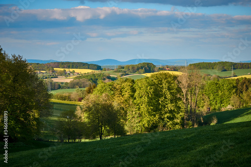 Landschaft mit B  umen Rapsfeldern Grasfeldern und Wolken