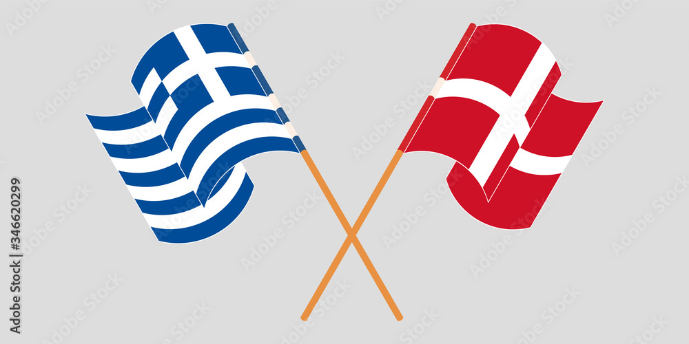 Crossed and waving flags of Greece and Denmark Crossed and waving flags of Greece and Denmark