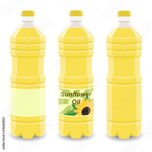 Sunflower oil plastic bottle with and without label isolated on white background. Vegetable oil, cooking ingredients, organic product, healthy nutrition vector illustration. Layout for your brand.