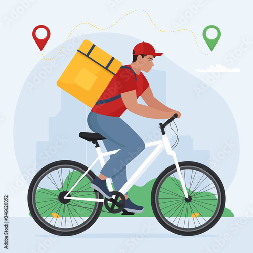 Courier on bicycle with parcel box. Bike delivery service concept. Vector illustration in flat style